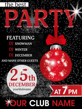 Black template poster Christmas party and New Year with bauble. Holidays flyer design. Vector