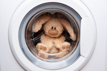 Soft toy hare in the washing machine