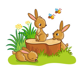 Naklejka premium Cute rabbits sitting around the stump. Vector illustration with animals in children's cartoon style.