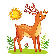 Cute deer stands on the meadow. The bird sits on the nose of the animal. Vector illustration in a cartoon style.