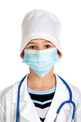 Doctor's portrait in a surgical mask warning about virus. Surgical mask