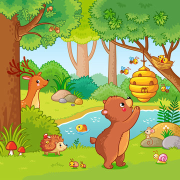 Vector illustration with a bear who wants honey. Animals in the forest. Picture in the children's cartoon style.