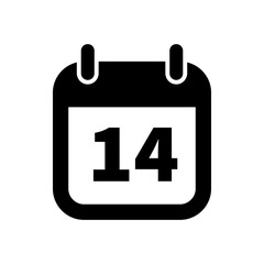 Simple black calendar icon with 14 date isolated on white