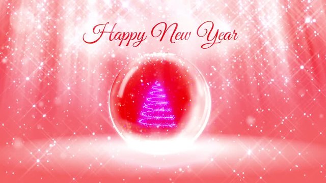 light composition for New Year with 3d Christmas tree from glitter particles and sparkles in snowglobe or snowball. With rays such as aurora borealis and snowfall on pink background. V12