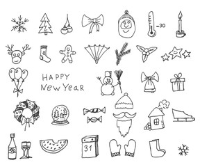 Cute sketch doodle Happy New Year set with santa claus, deer, goat, sheep, Chinese lantern, cacao, tree, gift, owl, snowman, socks. Vector eps 10.
