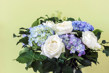 elegant colorful flower bouquet in vase with green wall