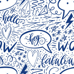 Calligraphy hand lettering seamless pattern. Positive signs, star, heart, speech bubbles, geometric forms. Perfect for print, textile, t-shirts, phone cases. Modern surface design. Vector illustration