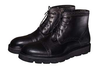 high black winter boots with lacing and lock on the thick sole, of leather and fur, comfortable and warm in the cold season