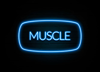 Muscle  - colorful Neon Sign on brickwall