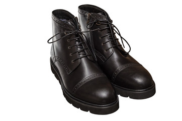 high black winter boots with lacing and lock on the thick sole, of leather and fur, comfortable and warm in the cold season