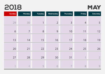 Monthly Desk Pad Calendar template, May 2018. Vector illustration