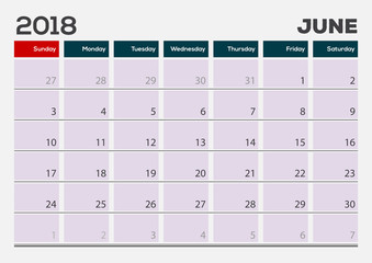 Monthly Desk Pad Calendar template, June 2018. Vector illustration