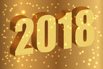 Happy new year 2018. Gold numbers 3D on the golden background with glitter. Vector illustration.