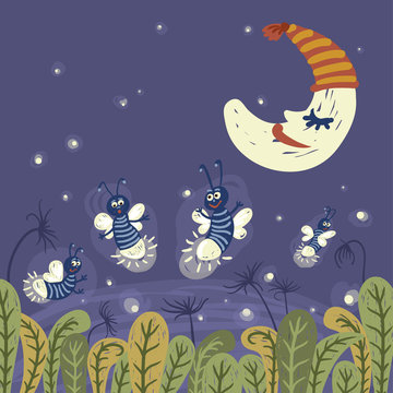 Cartoon fireflies on night sky with moon and stars, vector illustration