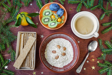 New Year's breakfast, coffee, bread, jam. Festive table setting.