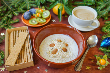 New Year's breakfast, coffee, bread, jam. Festive table setting.
