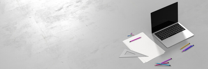Empty concrete infinite top with a notebook and some office stuff. Horizontal banner with copy space, original 3d rendering and models