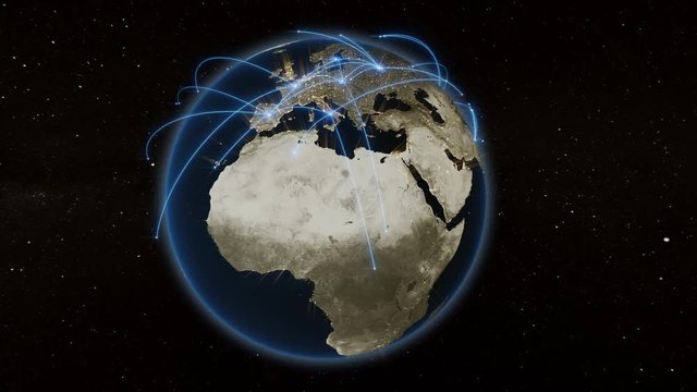 Spinning Earth with light lines growing from cities all over the world. World connections with city lights. Stylized.