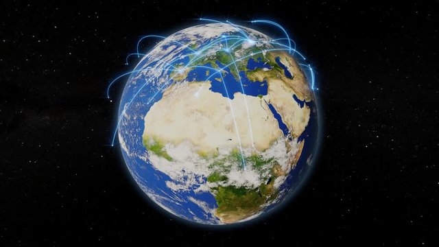 Spinning Earth with light lines growing from cities all over the world. World connections with city lights. Realistic Earth globe.