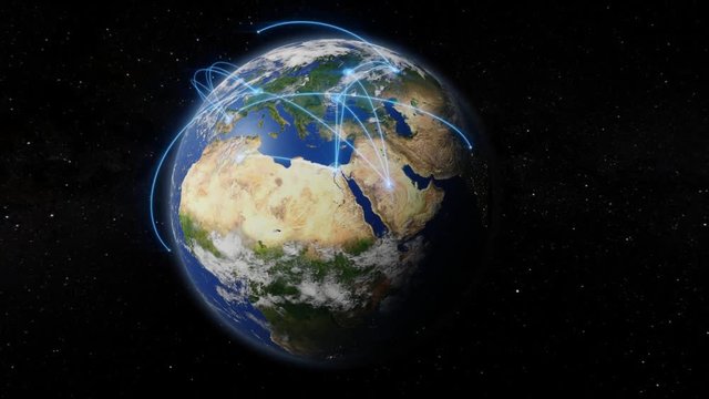 Spinning Earth with light lines growing from cities all over the world. World connections with city lights. Realistic Earth globe.