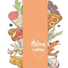 Italian Cuisine Sketch Doodle. Food Menu Design Template. Hand Drawn Traditional Italy Dishes with Pizza, Cheese and Meat. Vector illustration