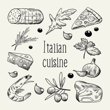 Italian Cuisine Sketch Doodle. Food Menu Design Template. Hand Drawn Traditional Italy Dishes with Pizza, Cheese and Meat. Vector illustration