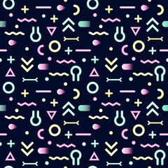 Abstract Memphis Style Neon Seamless Pattern with Geometric Shapes