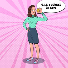 Pop Art Beautiful Business Woman Holding Golden Bitcoin. Virtual Crypto Currency. Vector illustration