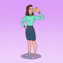 Pop Art Beautiful Woman Holding Golden Bitcoin. Virtual Crypto Currency. Vector illustration