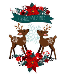 Naklejka premium Christmas banner with deer and poinsettia 