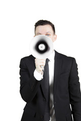 Male manager speaking through a megaphone