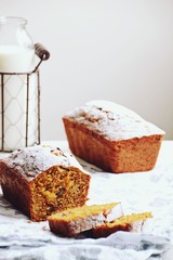 Very delicious carrot loaf cake with raisins, nuts and orange zest 