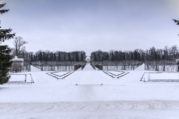 A view of Catherine park covered in snow, Pushkin, Russia