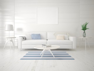 Mock up an exclusive living room with a light sofa and a fashionable background.