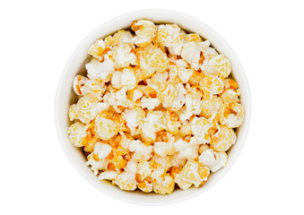 Popcorn salty sweet snack in white bowl