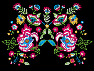 Embroidery trend neckline pattern with folk flowers. Vector embroidered colorful floral design for fashion wearing.