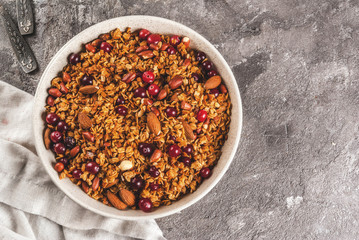 Ideas for a winter, autumn breakfast. Thanksgiving, Christmas. Homemade fresh cooked honey granola with nuts (almonds, peanuts, hazelnuts) and cranberries. On gray concrete table, Copy space top view