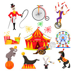 a set of images on a circus theme, circus performances of trained animals, a trainer and a clown © dimon_ua