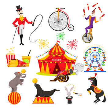 a set of images on a circus theme, circus performances of trained animals, a trainer and a clown