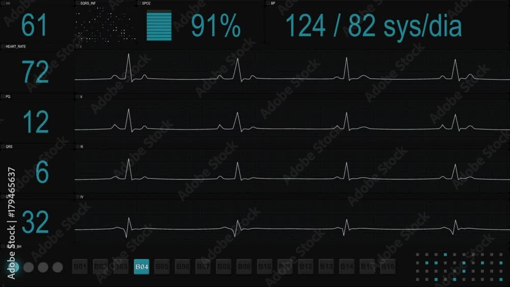 Poster medical display with blue lines of ecg. computer generated seamless loop animation 4k (4096x2304)