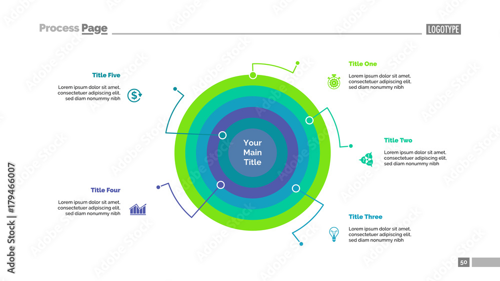 Poster doughnut chart with five elements slide