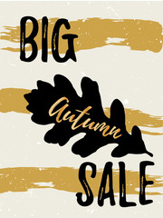 Autumn Sale golden lettering typography design with black oak leaf and brush stroke. Vector illustration for modern flyer, banner, poster template.