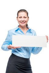 Smiling woman with a poster in a blue shirt on a white background