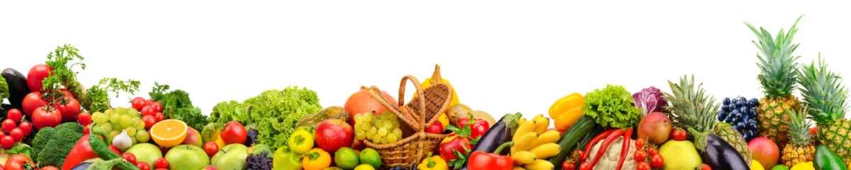 Foto op Plexiglas Vruchten Panoramische collectie groenten en fruit voor skinali geïsoleerd op wit