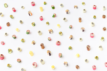 happy new year lollipops, candy pattern, top view flat lay