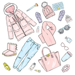 Selection of winter women's clothing. Jacket, coat, shoes, bag, perfume, cosmetics and other accessories. A set of stickers. Vector illustration for a postcard or a poster.