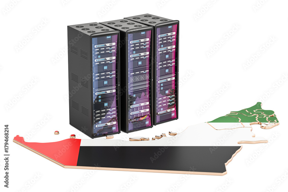 Aufkleber data center server racks in uae concept, 3d rendering