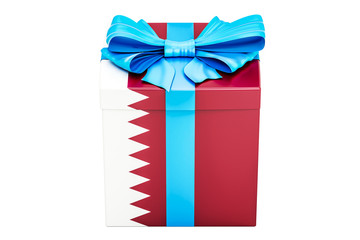 Gift box with flag of Qatar, holiday concept. 3D rendering