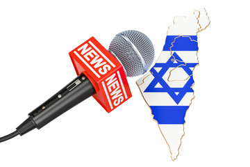 Israeli News concept, microphone news on the map. 3D rendering