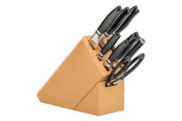 Knife Set with Wooden Block, 3D rendering